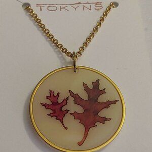 Tokyns Red Oak Leaf Cameo Necklace Faux Gold Chain Tree Nature Fall Autumn
